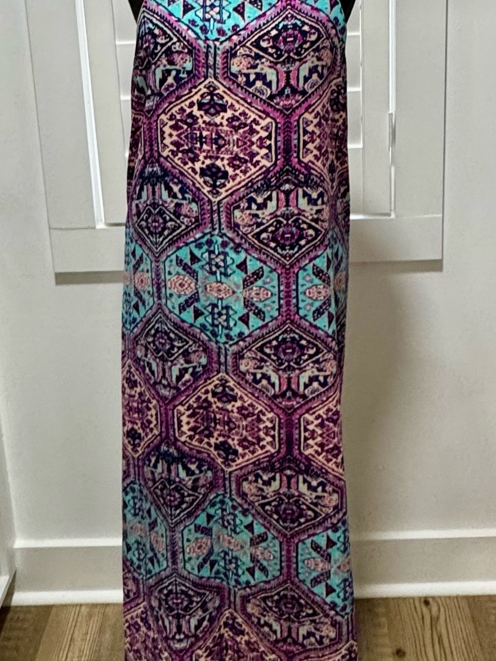 Everly Boho Maxi Dress in Purple & Teal Hex Print. Adjustable Straps